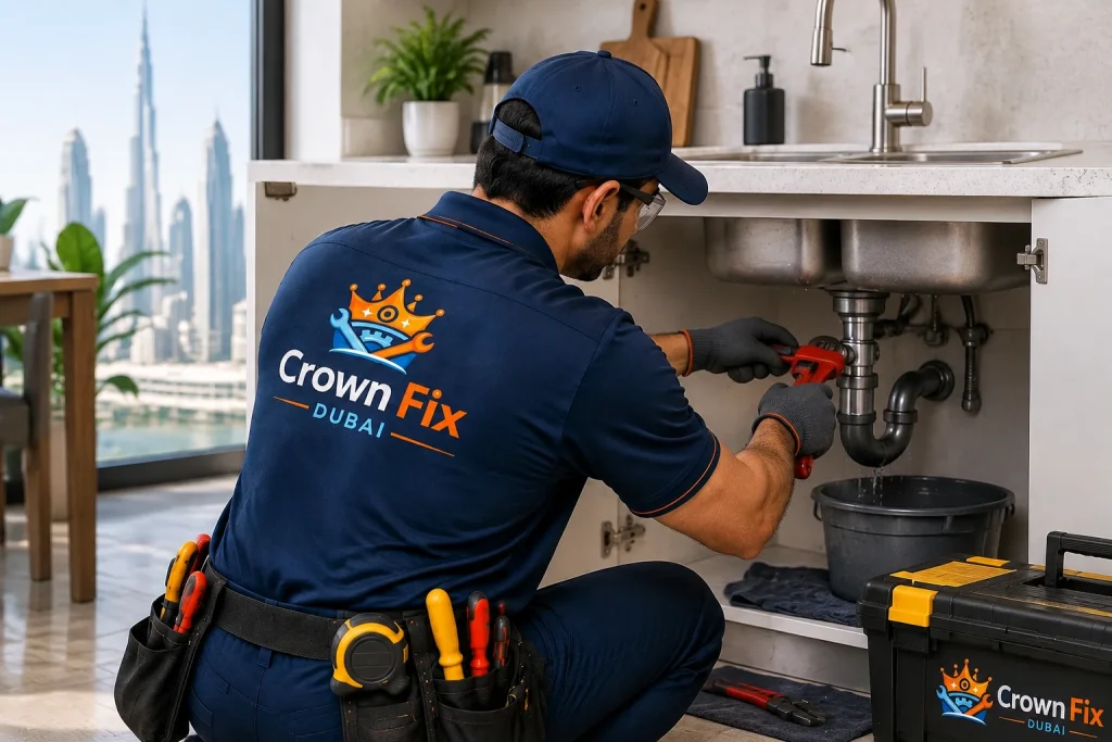 Crown Fix Dubai plumber repairing kitchen sink pipes for professional plumbing services in Dubai