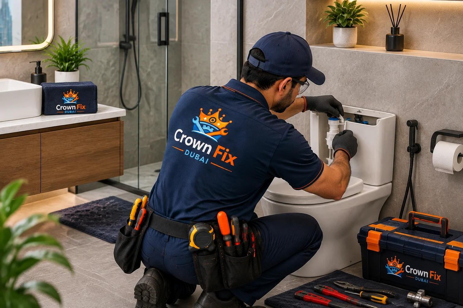 Crown Fix Dubai technician fixing toilet plumbing system during bathroom repair service in Dubai