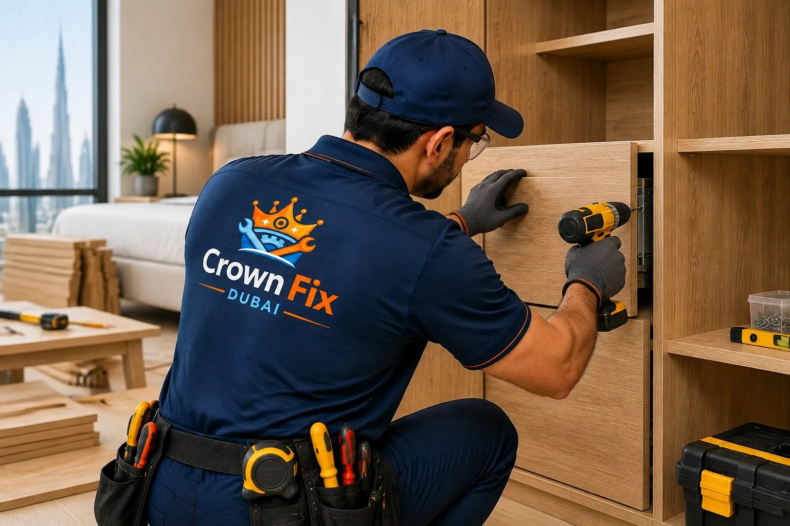 Carpenter installing kitchen cabinets for Crown Fix Dubai carpentry services