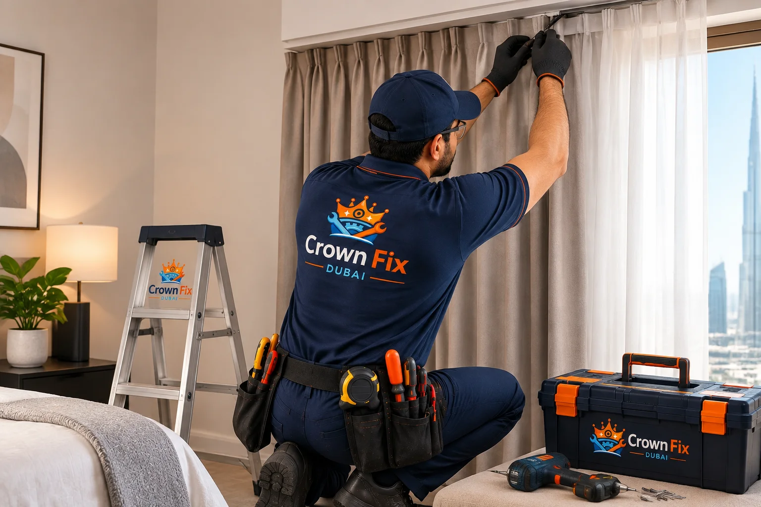 Professional Crown Fix Dubai curtain installation service in a luxury living room