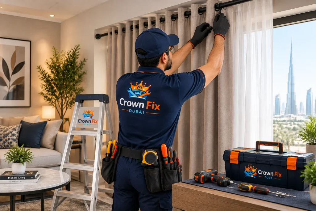 Crown Fix Dubai technician installing curtains in a modern apartment with professional curtain fitting tools and branded uniform.